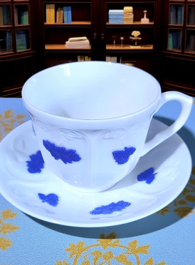 Rorstrand瑞典蓝花浮雕葡萄骨瓷中古咖啡杯茶杯绝版收藏Bla Blom