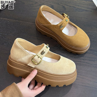 牛皮版内增高跟7cm小个子女鞋勃肯鞋松糕厚底玛丽珍鞋子浅口单鞋