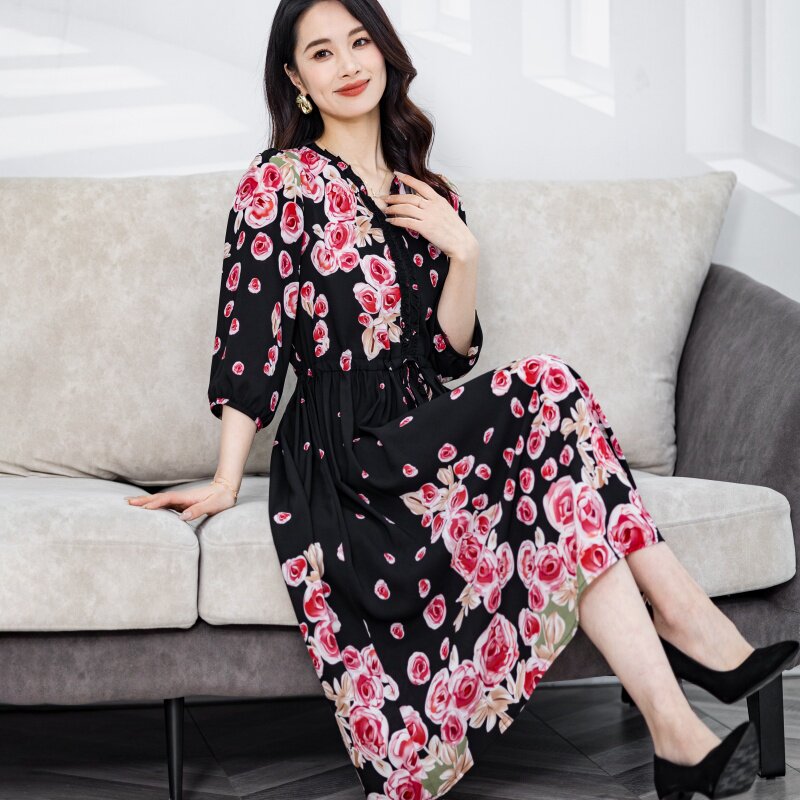 2025春夏季新款碎花法式真丝长裙