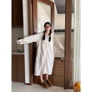 睡袍冬季睡衣女加厚毛绒碎花韩系家居服保暖了外穿雪粒绒连帽外套