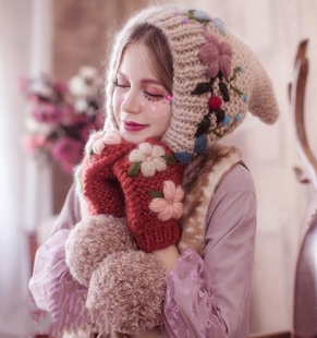 2025秋冬新款女复古个性尖顶精致刺绣冬季针织女巫大毛球毛线帽子