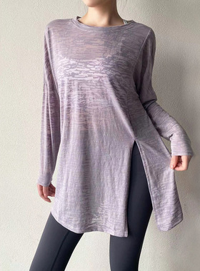 大码运动瑜伽罩衫遮臀长袖上衣女宽松显瘦速干透气跑步运动健身女