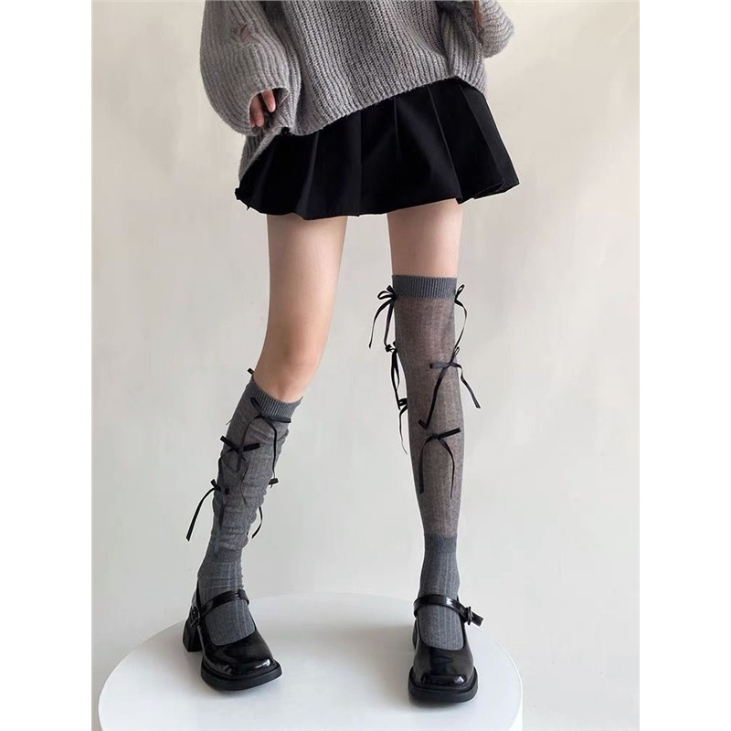 芭蕾风蝴蝶结过膝袜女春秋拼接学院风jk堆堆袜甜美小腿袜