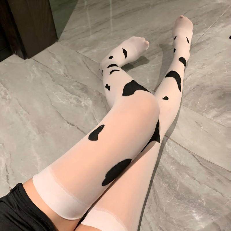 奶牛图案过膝丝袜女薄款日系可爱黑白斑点半截袜性感长筒大腿袜子,女士内衣/男士内衣/家居服,长筒袜,淘宝优惠券,粉丝福利购,淘宝优惠卷