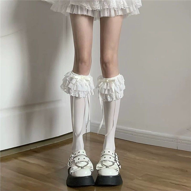 Lolita蝴蝶结过膝女甜妹白色蕾丝绑带高筒纯欲洛丽塔美腿小腿袜子,女士内衣/男士内衣/家居服,长筒袜,淘宝优惠券,粉丝福利购,淘宝优惠卷