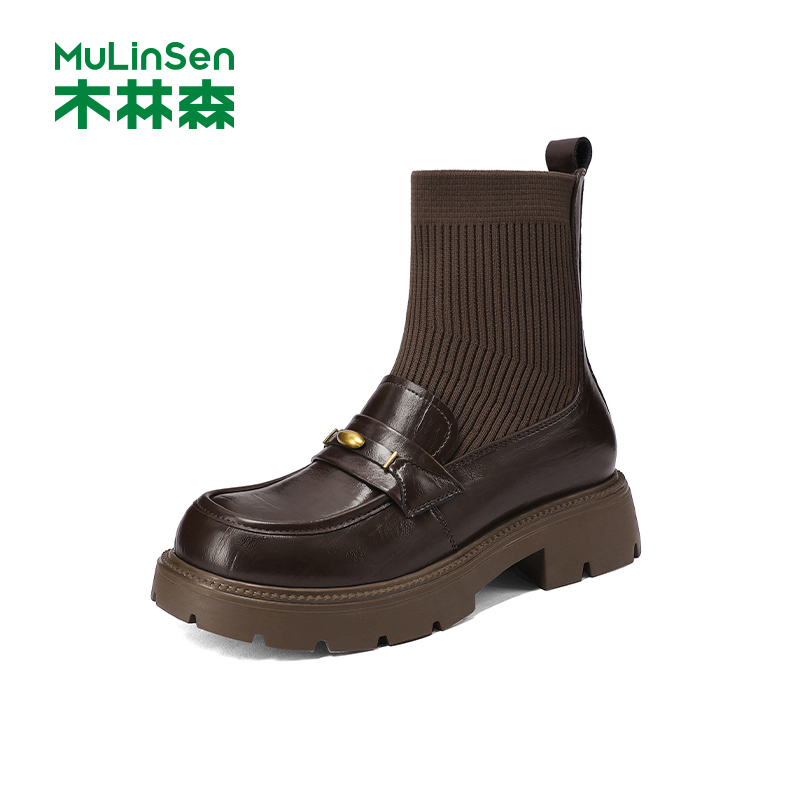 木林森袜靴女冬季加绒保暖乐福鞋