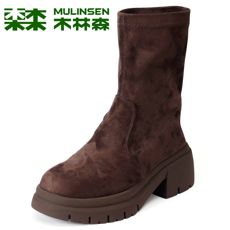 木林森羊皮舒适软面弹力靴子女款
