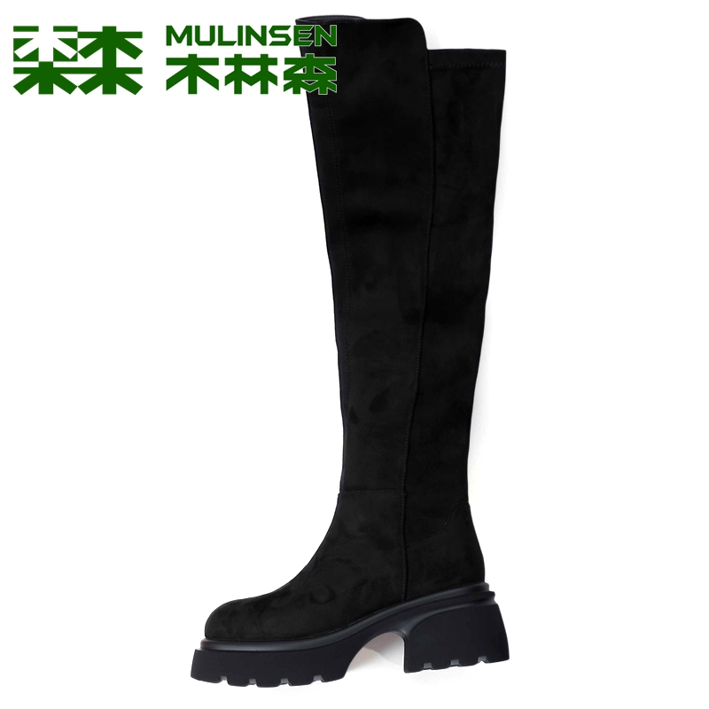 木林森羊反绒长筒靴显瘦厚底长靴