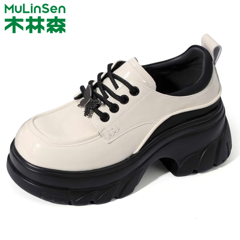 木林森女鞋2025春季新款乐福鞋粗跟英伦风小皮鞋真皮厚底松糕单鞋