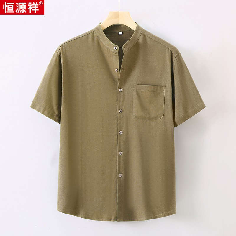 中老年男士棉麻短袖衬衫爸爸装休闲男装爷爷宽松开衫大码半袖衬衣