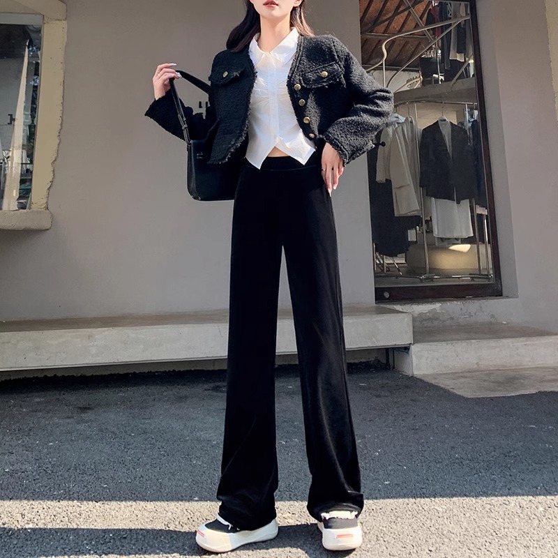 金丝绒阔腿裤子女2023秋冬新款直筒裤百搭显瘦长裤高腰垂感拖地裤