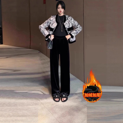 金丝绒阔腿裤女秋冬季2025新款爆款高腰垂感休闲窄版直筒加绒裤子