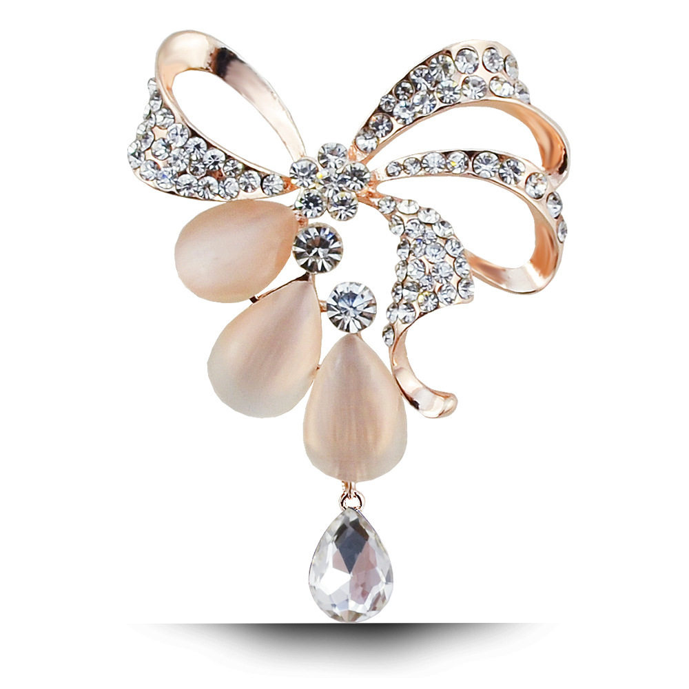 高档胸针 时尚夜店饰品 蝴蝶结猫眼石水滴胸花 闪耀水晶别针n093