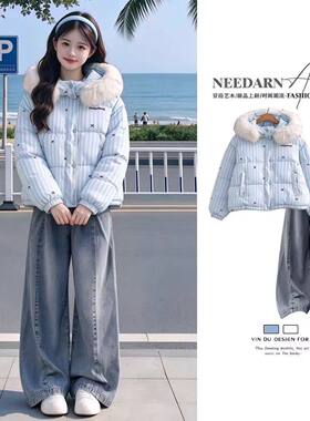 学院风秋冬少女棉服牛仔裤两件套