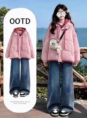 学院风秋冬少女棉服牛仔裤两件套