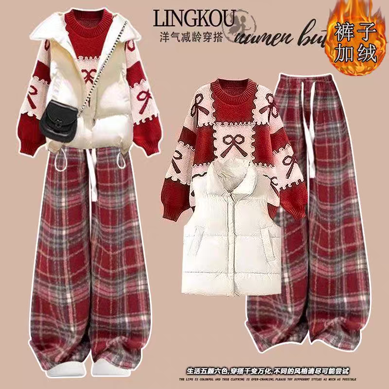 女大童秋冬季套装新年学生战袍红色毛衣马甲棉服加绒休闲裤三件套