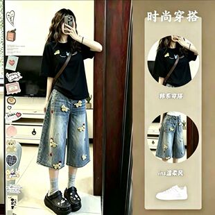 初中生夏天少女盐甜短袖t恤学生学院风七分牛仔裤百搭两件套装ins