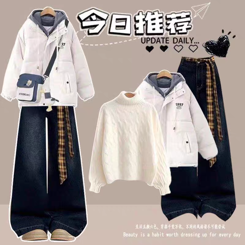 秋冬羽绒棉服女大童2025新款整套盐系穿搭学生毛衣牛仔裤三件套装