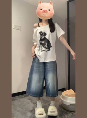 夏季女初中生短袖七分牛仔套装