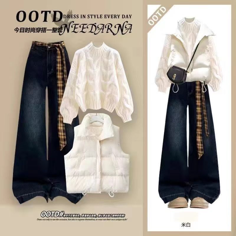 秋冬装搭配一整套女大童初中高中学生甜美百搭毛衣马甲休闲裤套装