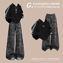 早秋韩系穿搭灰色连帽美式卫衣女秋季2025爆款小个子宽松慵懒套装