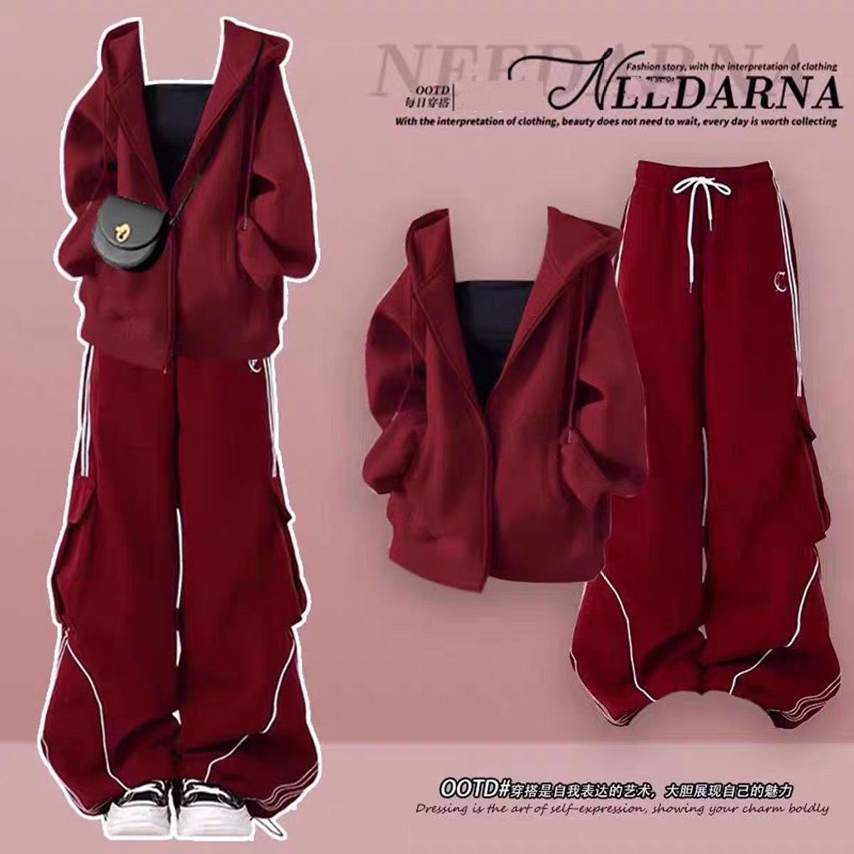 初中生高中生少女2026秋冬新款套装炸街过年红色卫衣工装裤两件套,女装/女士精品,时尚套装,淘宝优惠券,粉丝福利购,淘宝优惠卷