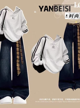 2025少女早秋新款高中学生学院风宽松连帽外套两件套装初中生穿搭