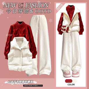 冬季大童女装12-15岁毛衣马甲裤子三件套13初中学生14喜庆套装16