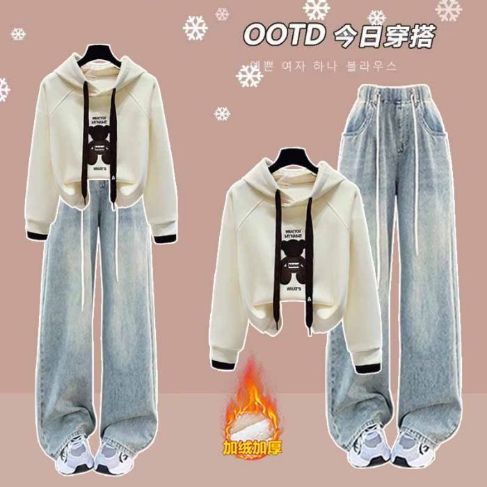 女大童巨好看的两件套冬装学生新款新年衣服女初中生加绒卫衣套装