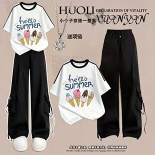 2026新款少女学院风韩系夏季洋气初中学生大童短袖工装裤两件套装