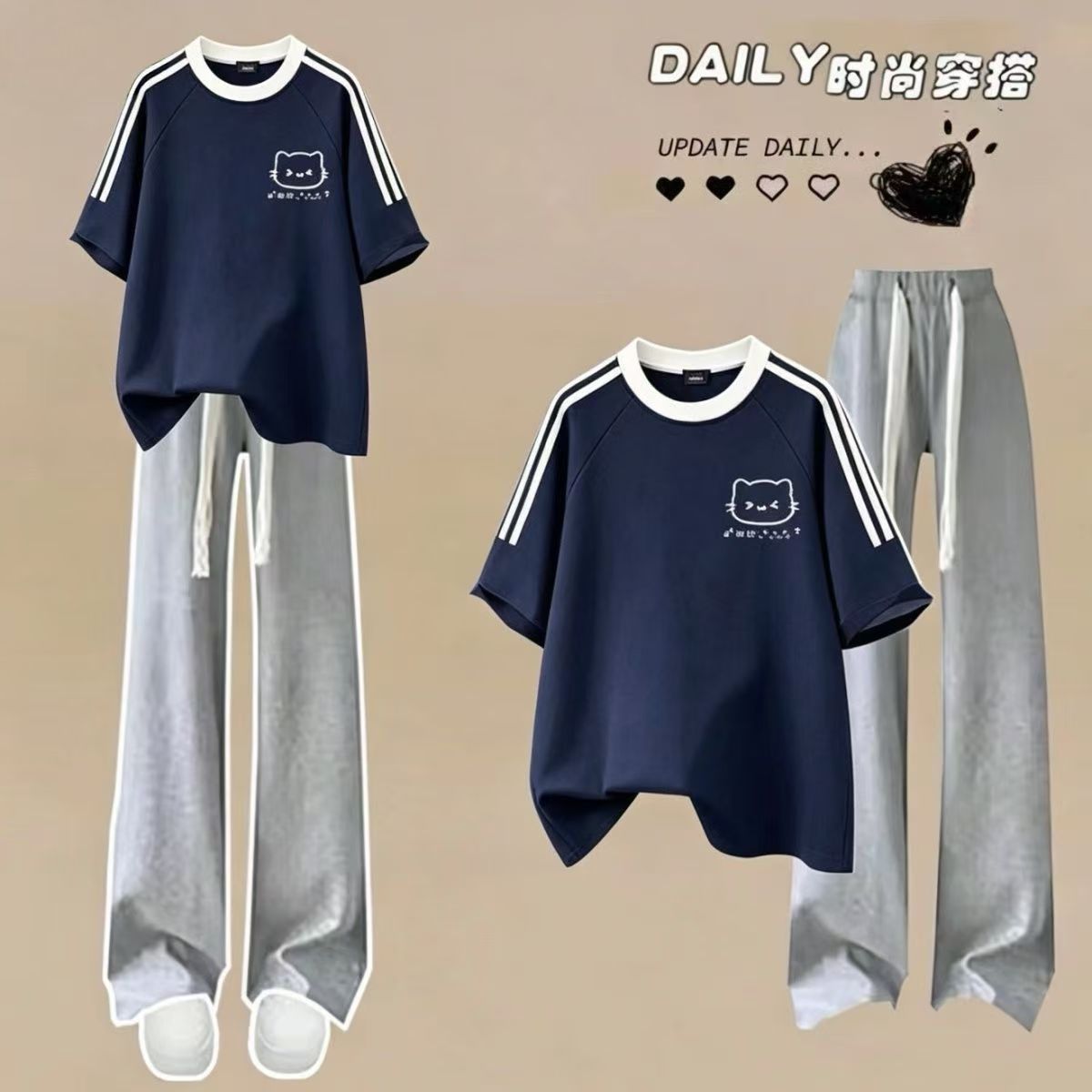学院风少女夏装T恤休闲裤两件套图片
