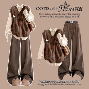 秋季少女套装高初中学生毛衣马甲衬衫显瘦甜酷学院风牛仔裤三件套