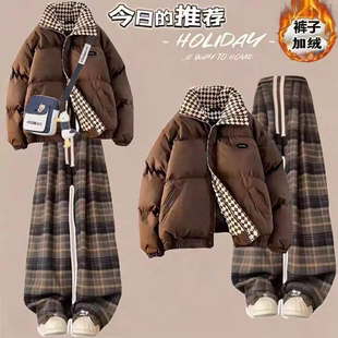 套装 棉服外套百搭格子裤 过年衣服 18初高中学生冬季 女大童少女12