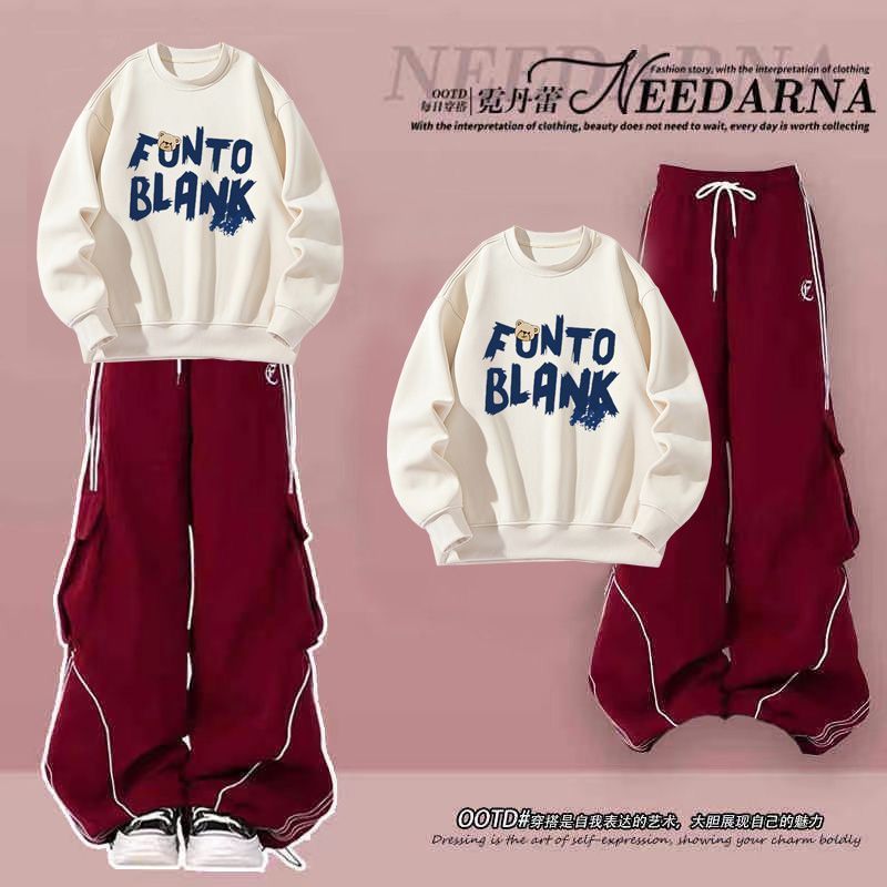 多巴胺穿搭秋冬季爆款宽松卫衣辣妹套装甜酷女孩炸街工装裤两件套