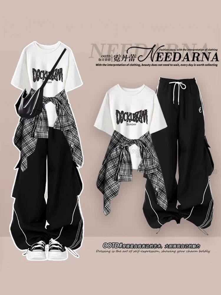 春夏套装女学生韩版宽松格子防晒衣衬衫+短袖T恤+工装裤三件套潮
