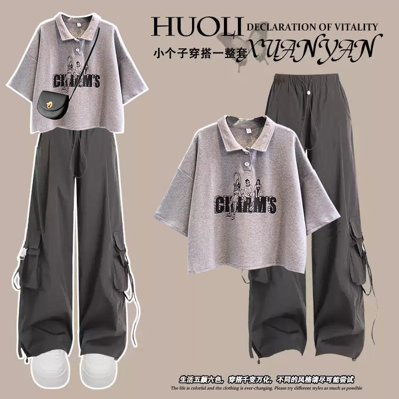 学院风时尚穿搭一整套少女夏装polo领短袖t恤初中生工装裤两件套