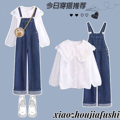 12到13一15岁大童女装春季套装初中学生少女衬衫牛仔背带裤两件套