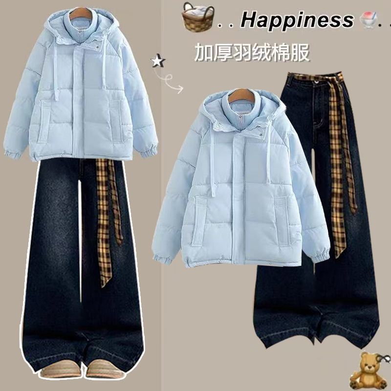 12少女冬装13初中学生加厚棉衣15岁大童外套16羽绒棉服牛仔裤套装