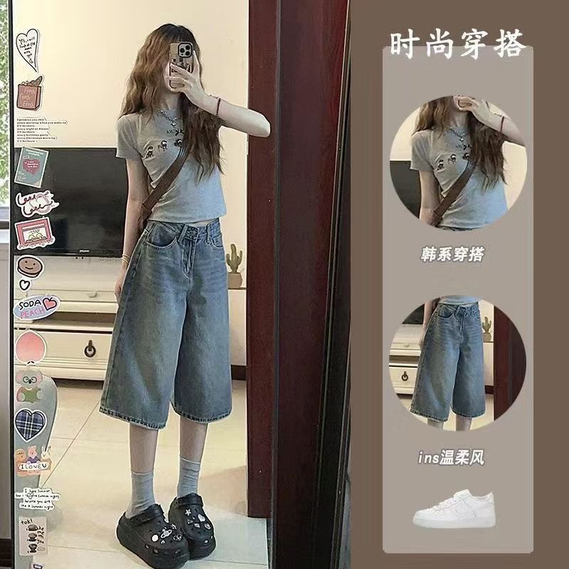夏季女初中生短袖七分牛仔套装图片