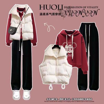 冬季过年三件套女学生韩系加绒加厚连帽卫衣+马甲外套+显瘦阔腿裤