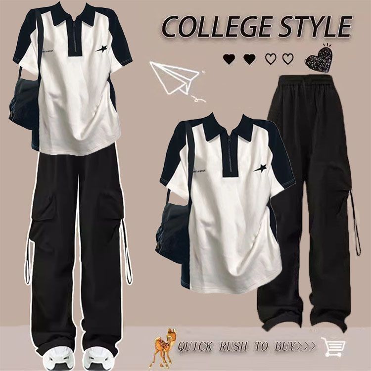 学院风时尚穿搭一整套少女夏装polo领短袖t恤初中生工装裤两件套