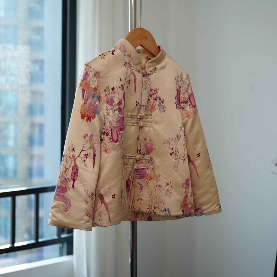 卓苗儿童真丝棉服女童宝宝桑蚕丝羊毛印花保暖外套新中式秋冬款