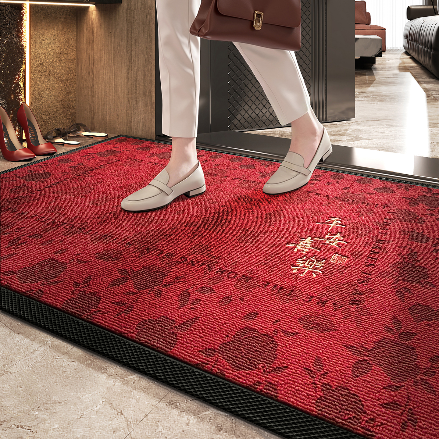 入户门地垫红色喜庆高级地毯进门门垫门口玄关客厅地毯脚垫可裁剪