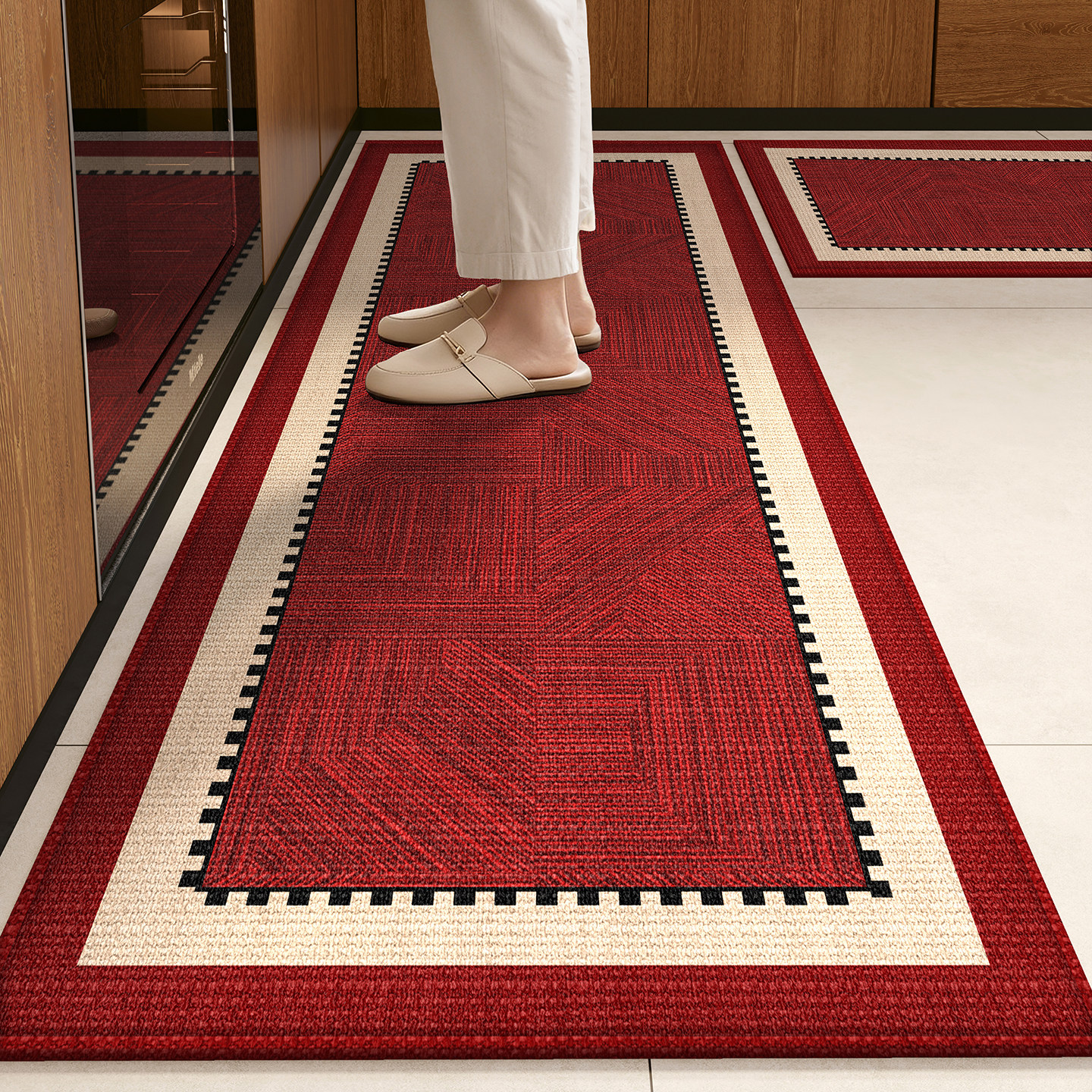 红色厨房地垫喜庆防油防滑脚垫子免洗防滑轻奢厨房专用可裁剪地毯,居家布艺,厨房地垫,淘宝优惠券,粉丝福利购,淘宝优惠卷