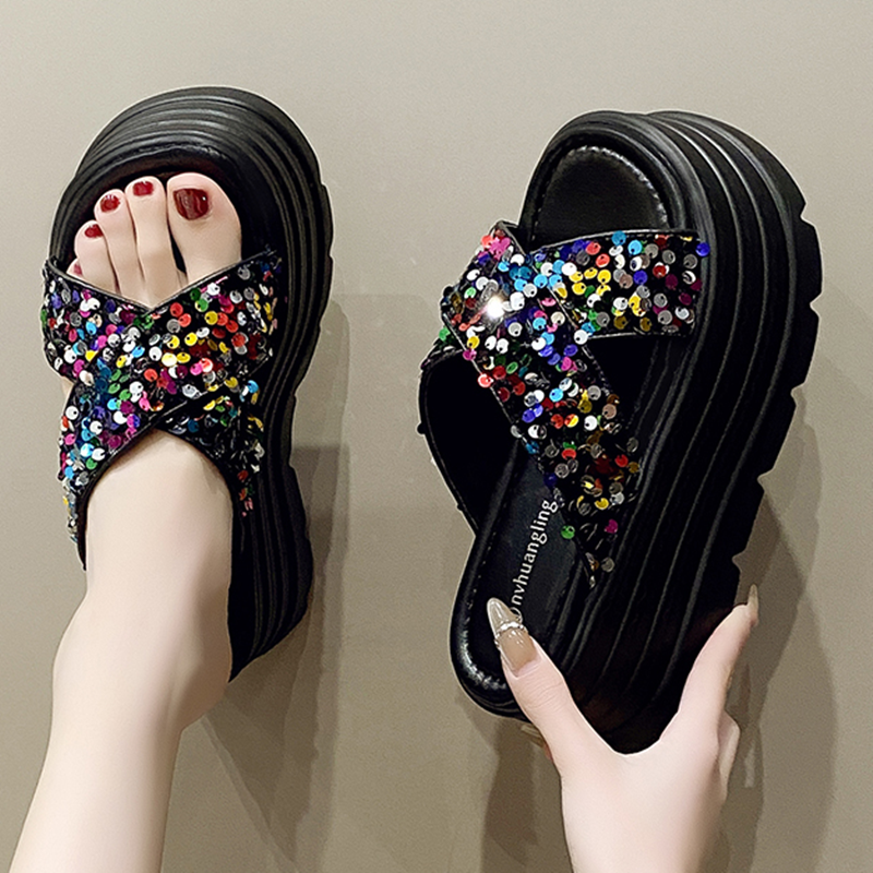 厚底亮片拖鞋女小个子松糕凉拖