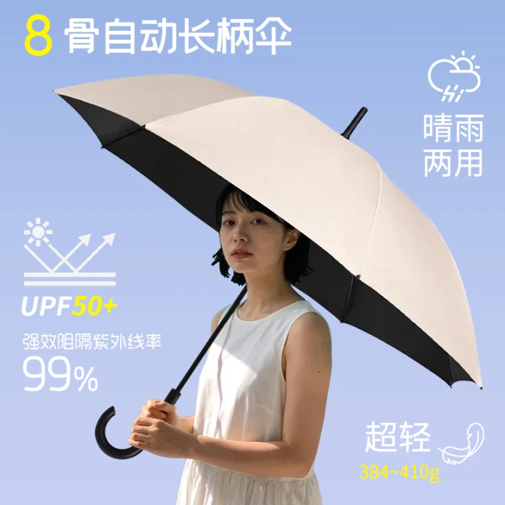 出口日系8骨长柄伞晴雨两用黑胶伞遮阳伞防晒伞简约轻便防紫外线