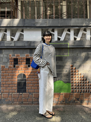 松弛有点小趣条纹T  领子拼色克莱因蓝  基础款海魂条纹长袖衫