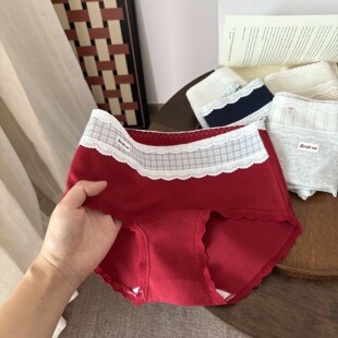 英伦复古风格子撞色少女中腰大码内裤女胖MM200斤包臀三角纯棉A类