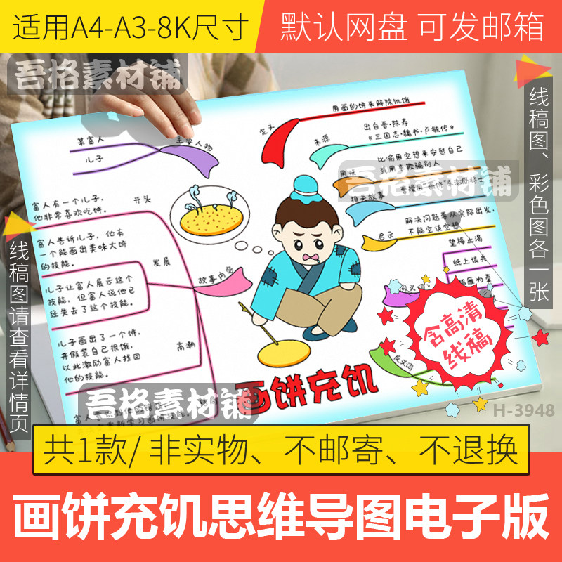 画饼充饥思维导图手抄报电子版中国古代寓言成语故事黑白线描稿