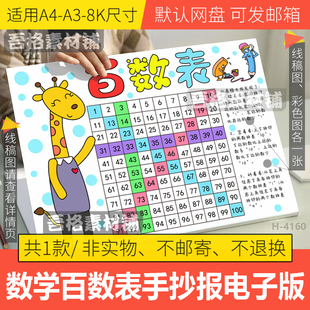 百数表手抄报模版电子版一年级下册数学一百以内数的认识黑白线稿